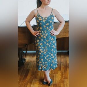 Vintage “Tickets” blue/yellow sunflower dress, size 3/4 (S)